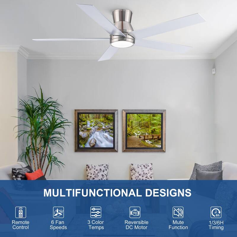 YUHAO AeroLite 48 in. Indoor White Low Profile Standard Ceiling Fan with Bright White Integrated LED Light Kit, Remote Included