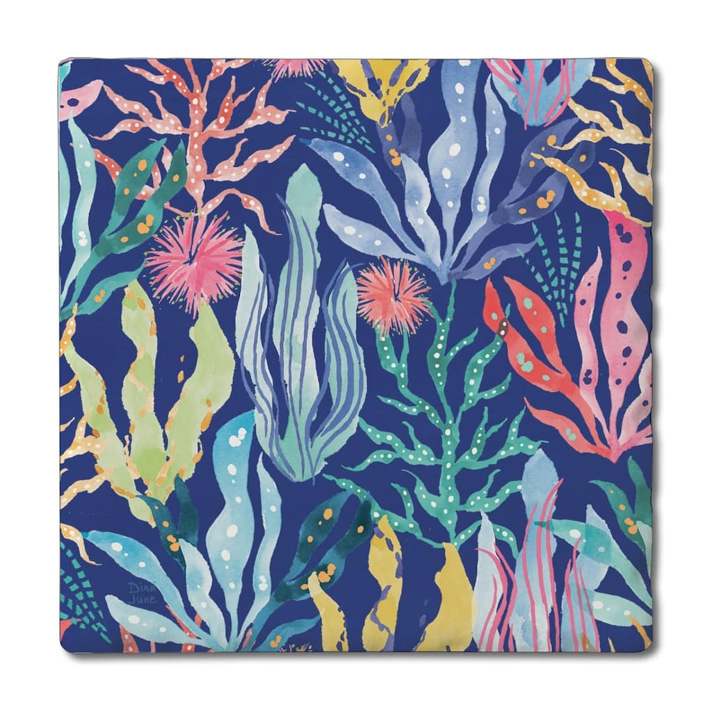 Coral Collection Blue 4 Pack Absorbent Stone Coasters with Cork Backing 4" Square Made in The USA Absorbent Wipes Clean