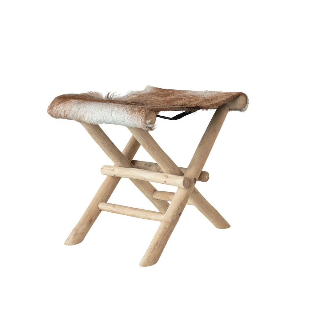 Teakwood and Goat Fur Folding Stool