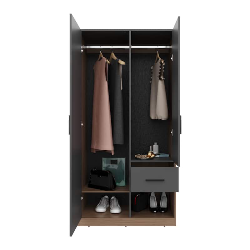 2-Door One Drawer Amoire With 2 Cabinets,Two Hanging Rods And Four Shelves In Matt Gray And Natural Oak
