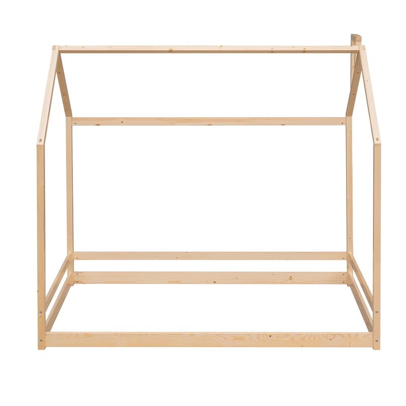 Kids Twin House Bed with Roof, Semi-Enclosed Play Area, and Sturdy Pine Frame