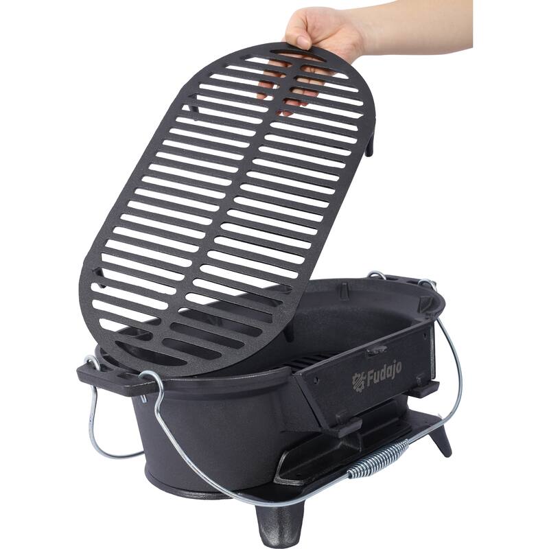 Oval Cast Iron Grill Outdoor, Portable Charcoal Grill and Tabletop Cast Iron Skillet - 100% Cast Iron, Enameled, Durable