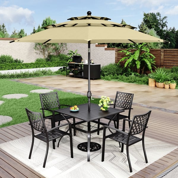6 piece patio set with umbrella MAISON ARTS 6-Piece Patio Dining Set with 10ft 3 Tier Auto-tilt Umbrella: 4 Metal Outdoor Chairs 1 Metal Square Dining Table