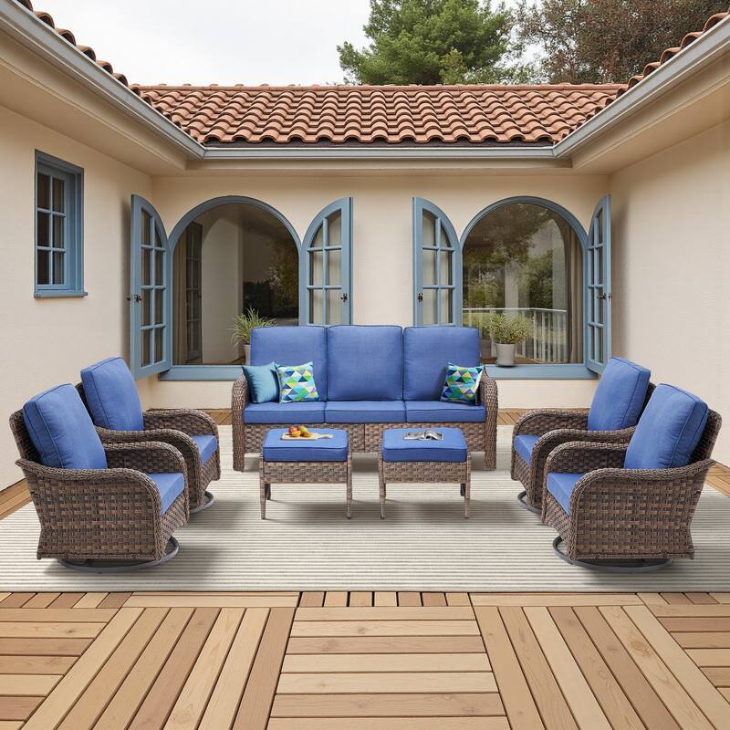 Pocassy Outdoor Patio Furniture Set PE Wicker Sofa Set - Blue Cushion - Brown Wicker - 7 Piece Sofa Swivel Chairs Ottoman