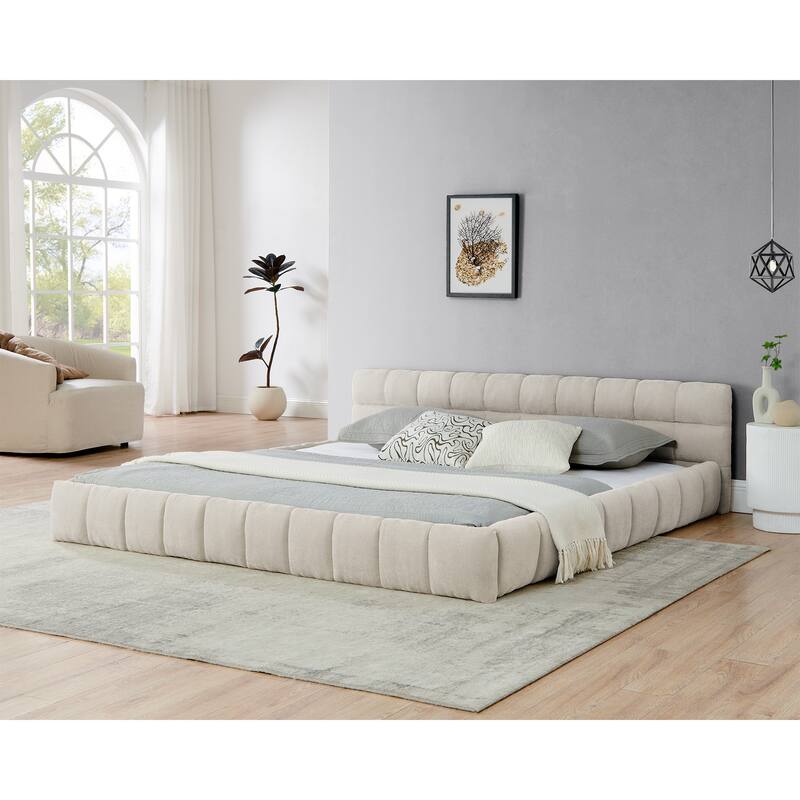 Roomfitters King Upholstered Low Platform Bed, Chenille Fabric Frame with Headboard, No Box Spring Needed