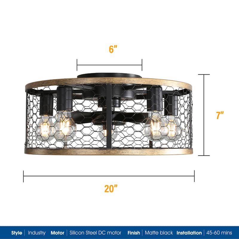 20 Inch Caged Ceiling Fan with LED Light and Remote Control, Indoor Flush Mount Ceiling Fan Light with Reversible Blades