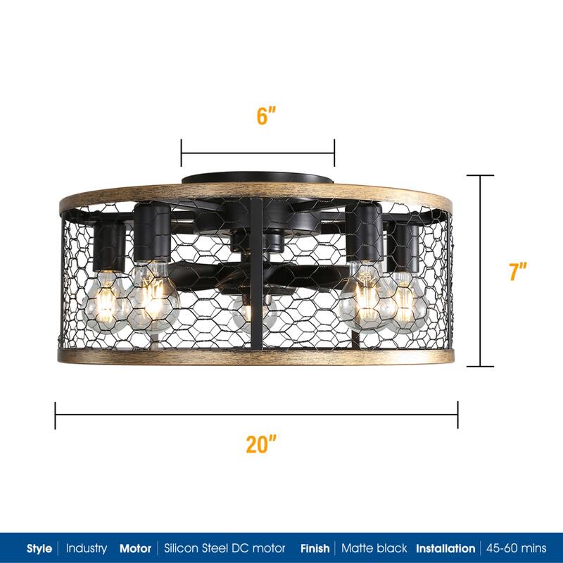 20 Inch Industrial Caged Ceiling Fan, With 7-ABS Blades Remote Control Reversible DC Motor, Small Flush Mount Ceiling Fan