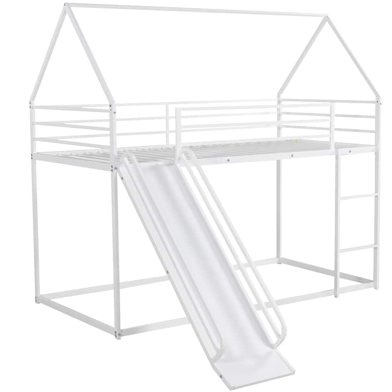 White Twin Size Solid Metal House Bunk Bed with Convertible Ladder and Slide, High Guardrails