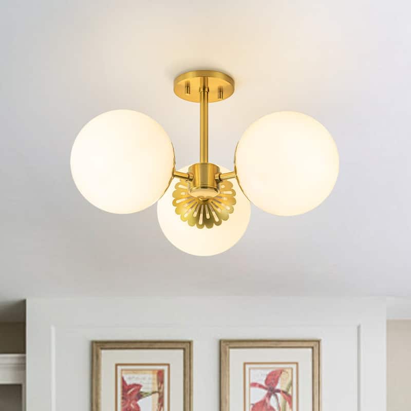 3-Light Mid-century Modern Opal Glass Globe Semi-flush Mount - Brass