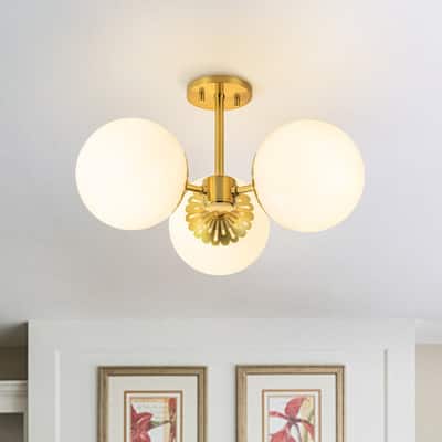 3-Light Mid-century Modern Opal Glass Globe Semi-flush Mount - Brass