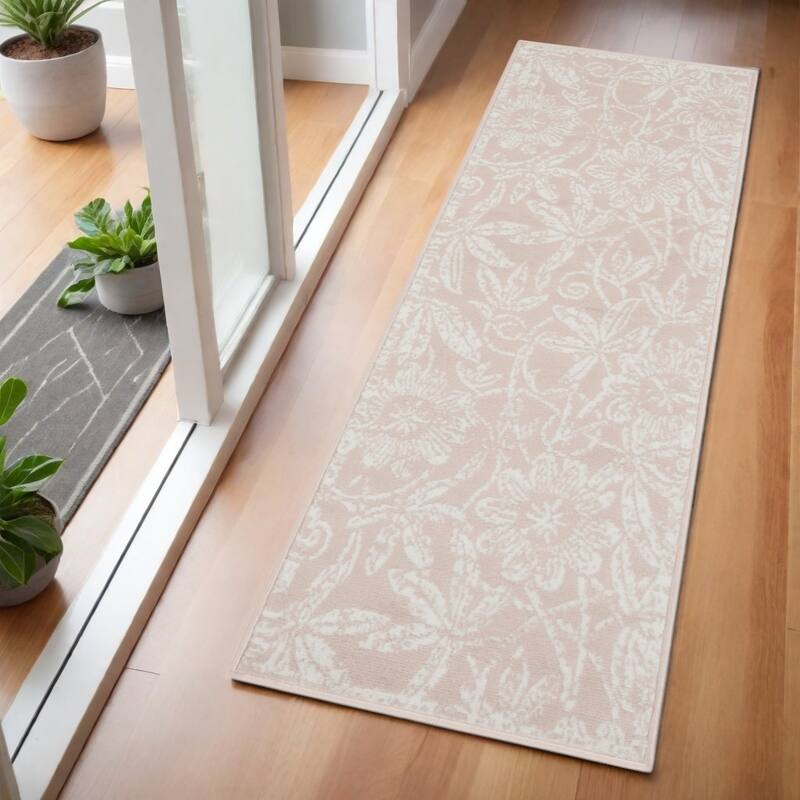 Focuq Power Loomed Distressed Floral Traditional Stain Resistant Area Rug By HomeRoots - 72' X '24' X '0.39 - Pink - Runner