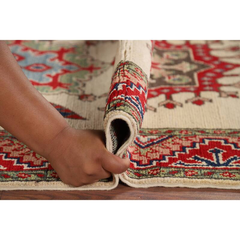 Hand Knotted Oriental 100% Wool Carpet Traditional Geometric Beige & Ivories Kazak Runner Rug - 12' 8'' X 2' 9''