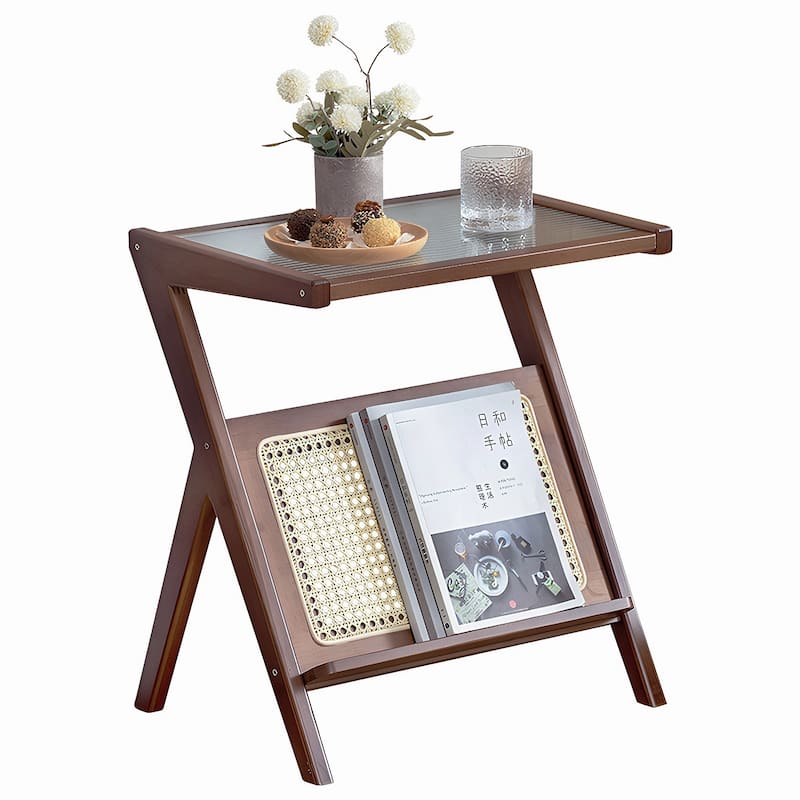 Rattan Nightstand Side Table, Bamboo Accent Bedside Tables, Glass Coffee Tables, Boho End Table with Storage
