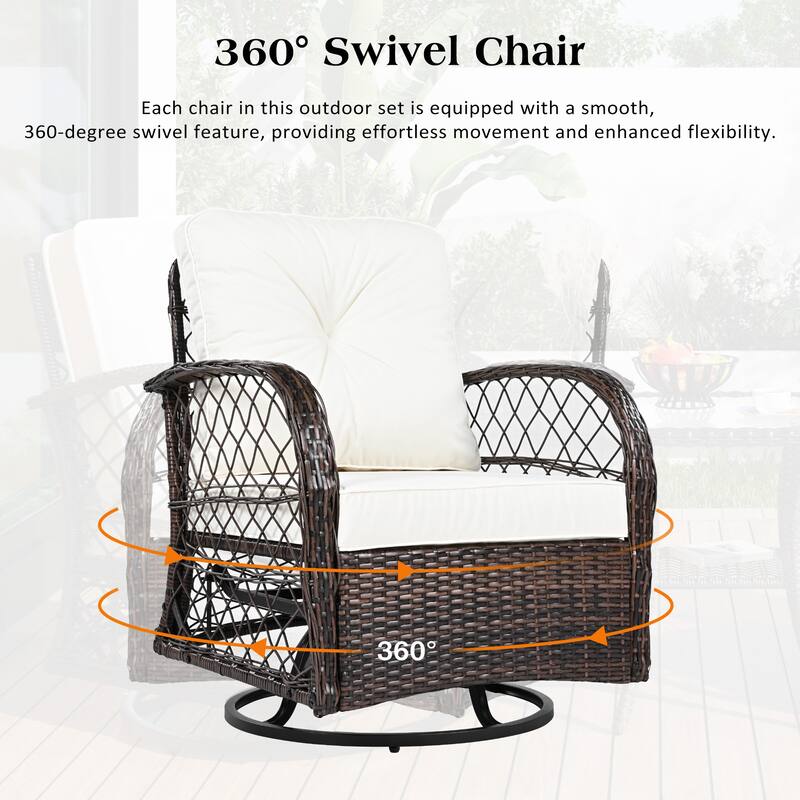 3-Piece Brown Rattan Set: 2 Swivel Rocking Chairs + Square Table