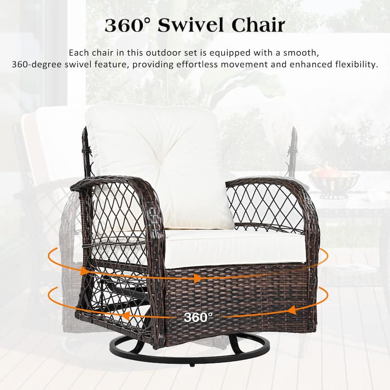 3-Piece Outdoor Rattan Seating Group with 2 Swivel Chairs & 1 Square Table