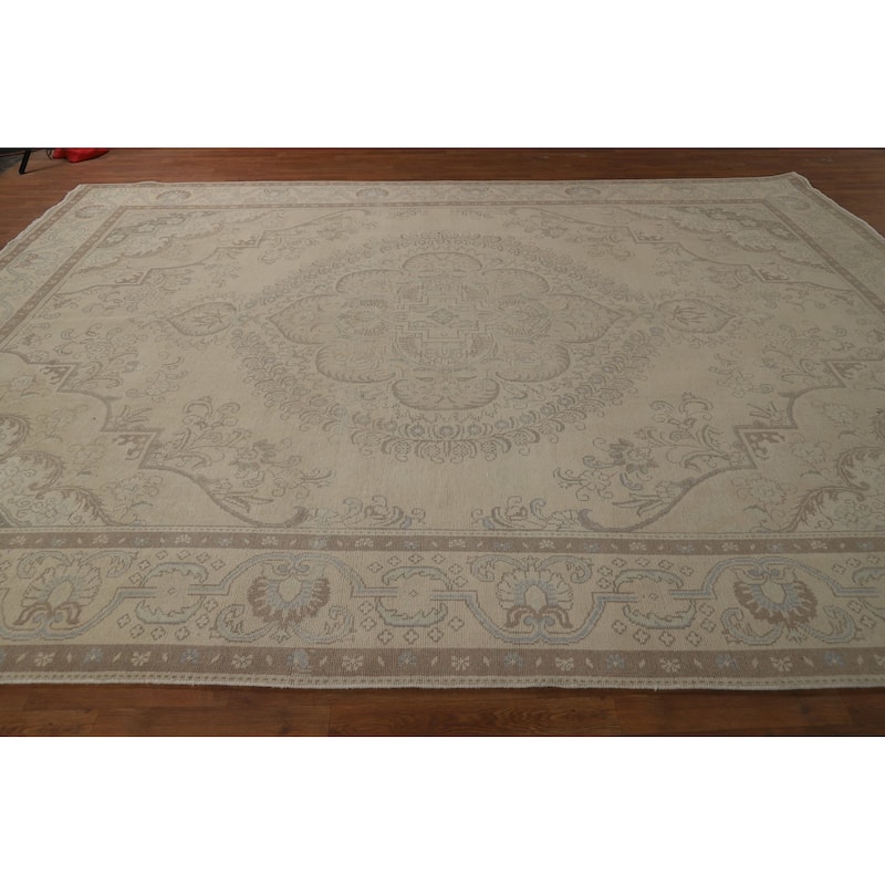 Floral Beige Tabriz Persian Area Rug Hand-Knotted Wool Carpet - 9'6"x 12'10"