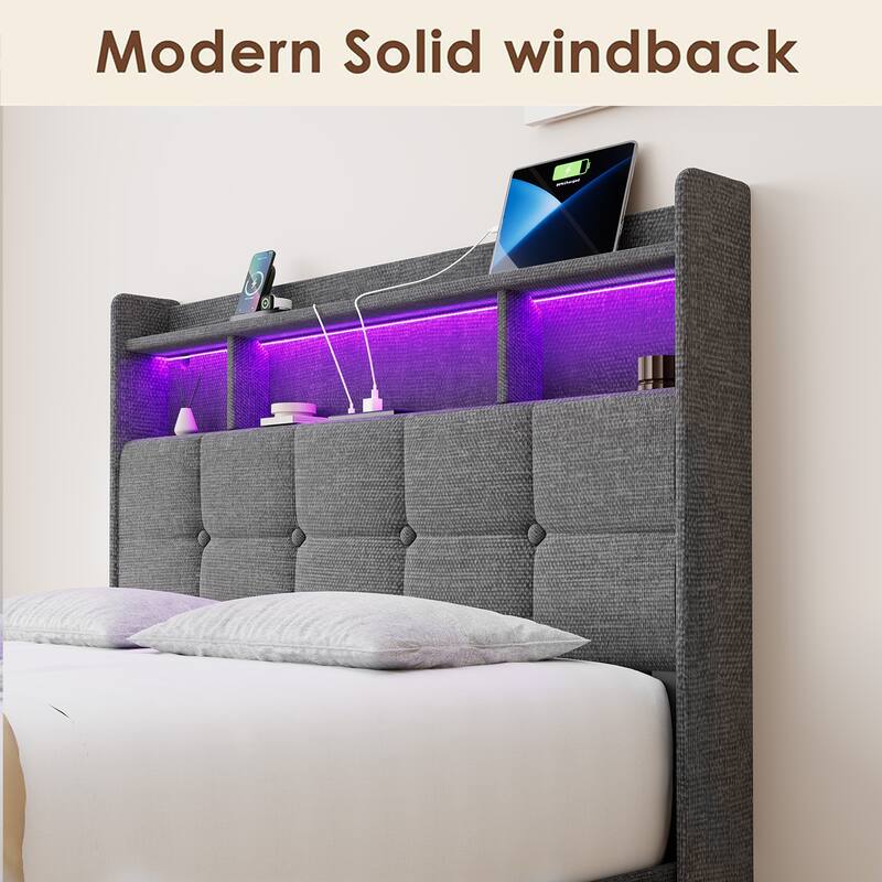 King Size Upholstered Platform Bed with LED Lights, Charging Station & Storage Headboard, No Box Spring Needed