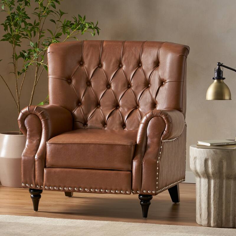 Classic Curled Arm Single Sofa Chair, Tufted Wide Back Recliner with Retractable Footrest Accent Chair with Rivet Trim&Wood Legs