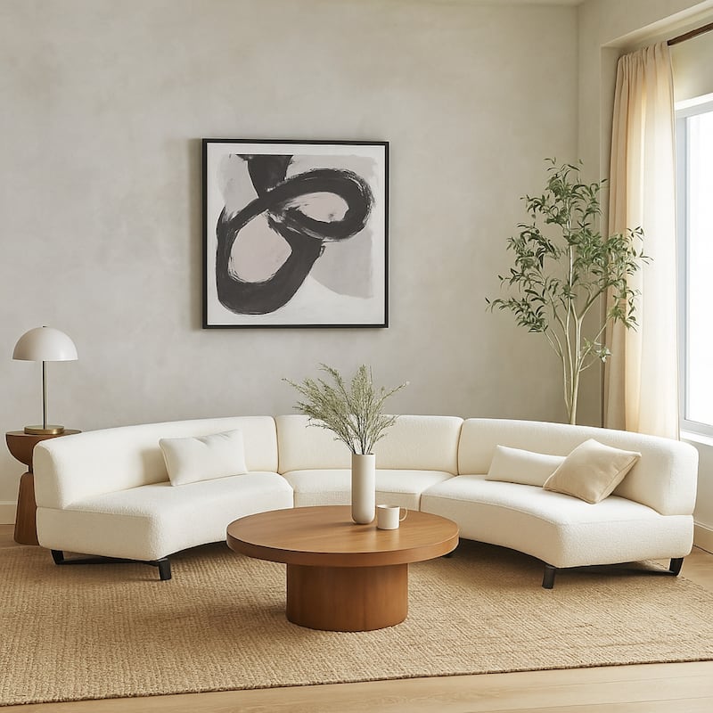 Ikka 3pc Curved Modular Sofa, White Faux Shearling, Black Wood Base