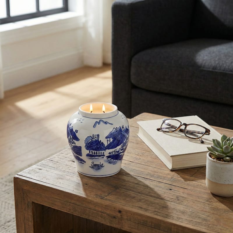 Chinoiserie Ceramic Candle - Neroli and Basil Scent - 7", Blue - 7.0"