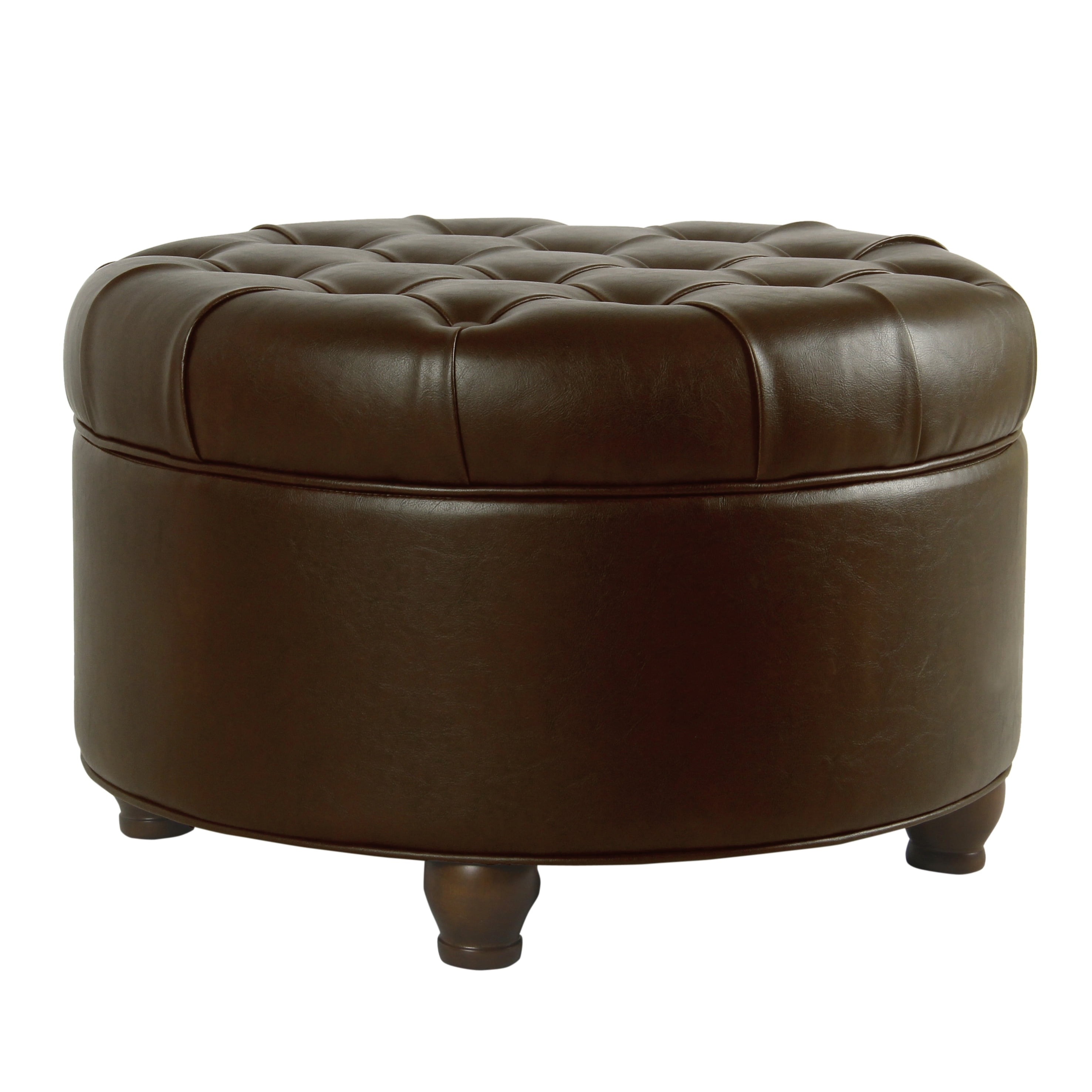 Brown Faux Leather Round Storage Ottoman with Tufted Lid and Wood Legs, 15-inch Height