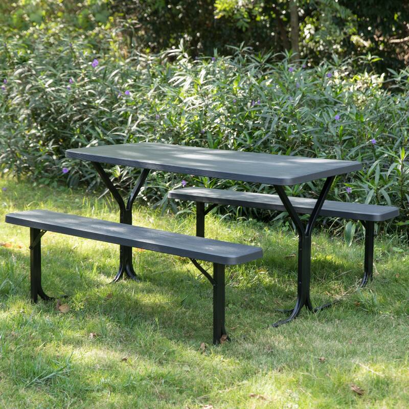Outdoor Woodgrain Picnic Table Set with Metal Frame, Gray