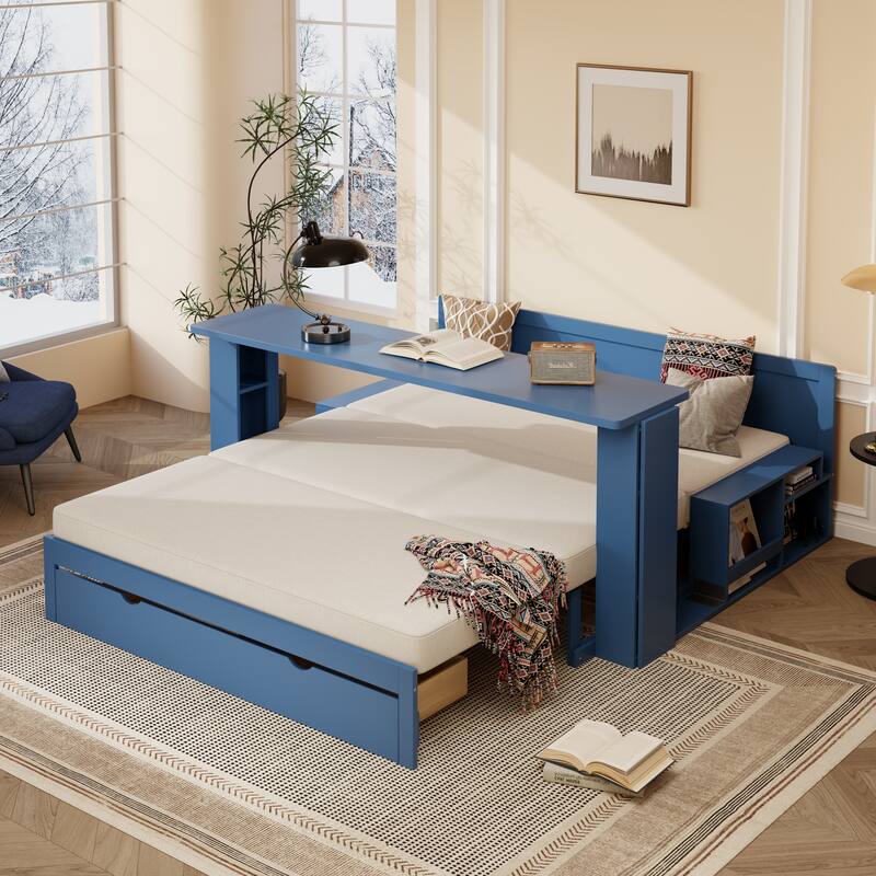 4-in-1 Multifunctional Daybed Storage Bed Frame with Removable Desk, Drawers, Bookcase Shelves and Hydraulic Side Tables - Blue - Queen
