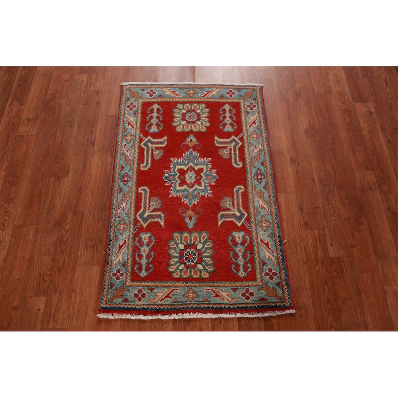 Red Geometric Kazak Rug Handmade Accent Wool Carpet - 2'0"x 3'0"