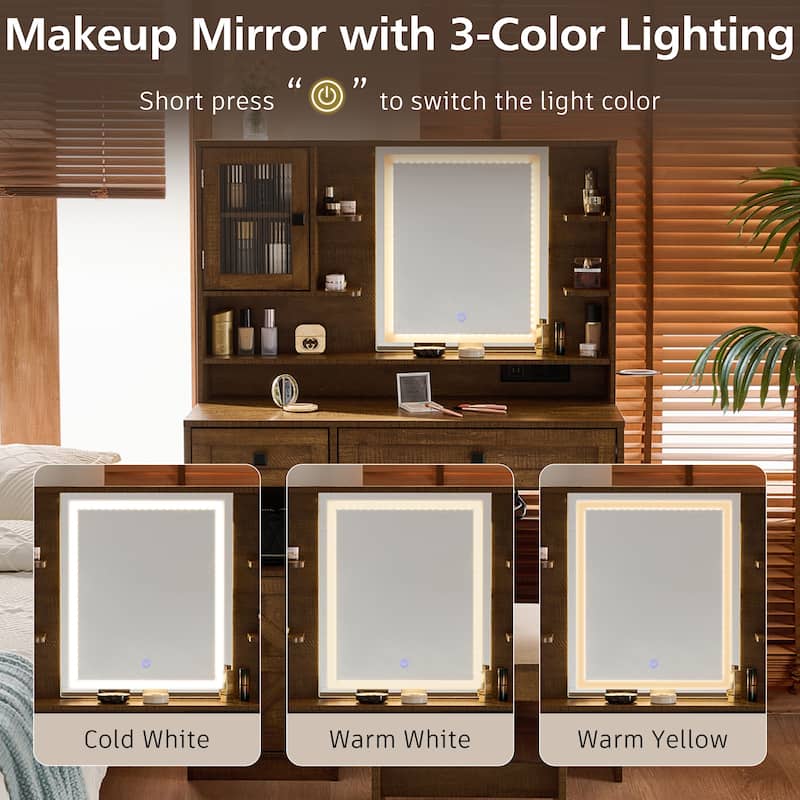 Farmhouse Makeup Vanity with Lighted Mirror, Charging Station, Stool, Drawers, Shelves and Side Cabinet