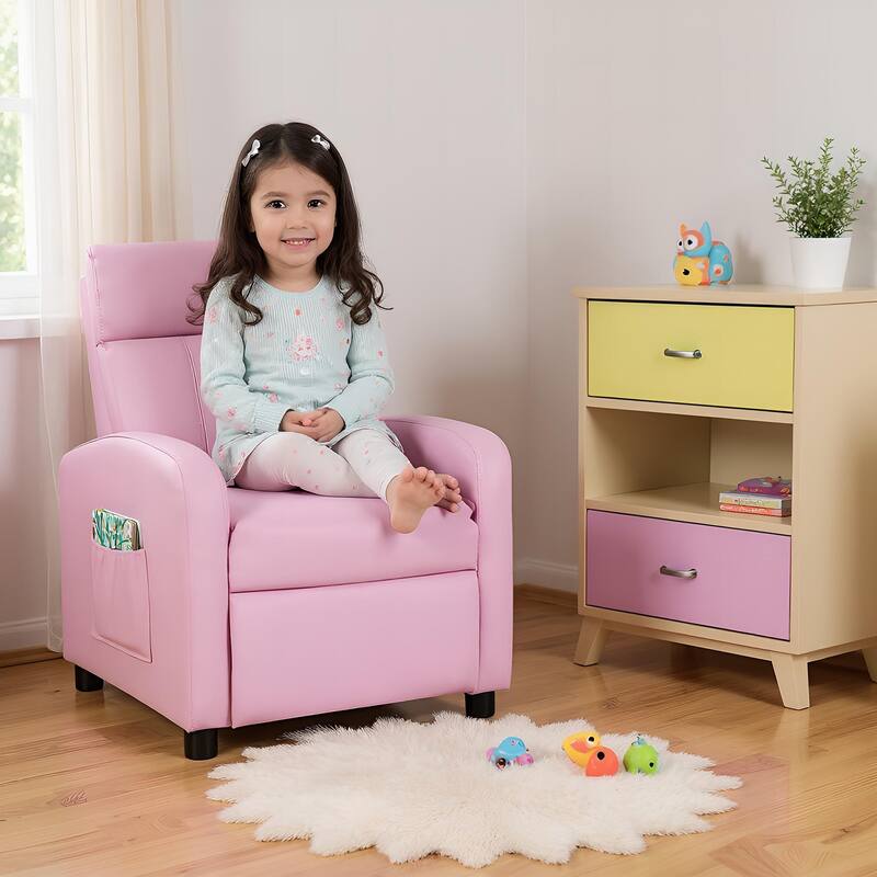 Pink Adjustable Reclining PU Leather Cushion Seat Chair for Kids with Footrest and Storage Pocket
