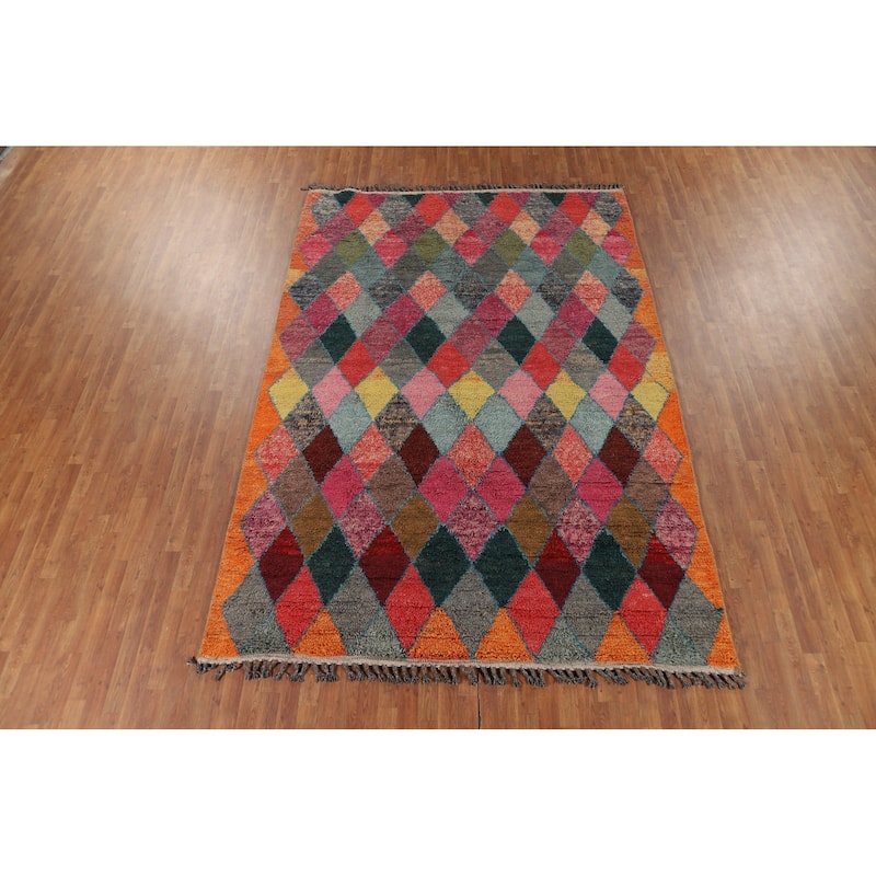 All-Over Trellis Moroccan Area Rug Hand-Knotted Wool Carpet - 7'7" x 11'2"