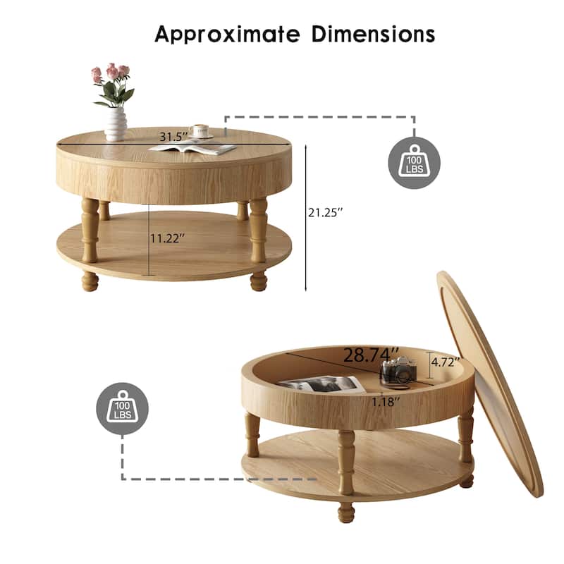 Roomfitters 31.5" Round Coffee Table, Storage Center Table with Hidden Compartment for Living Room