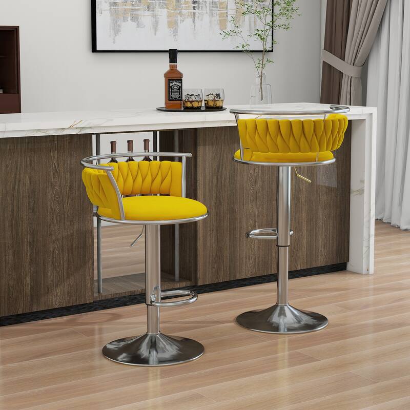2 Set Velvet Swivel Adjustable Bar Stools with Footrest - Set of 2 - Yellow Silver 2Set