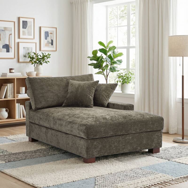 Oversized Chenille Modular Chaise Lounge With Deep Seat - Right facing - Camel