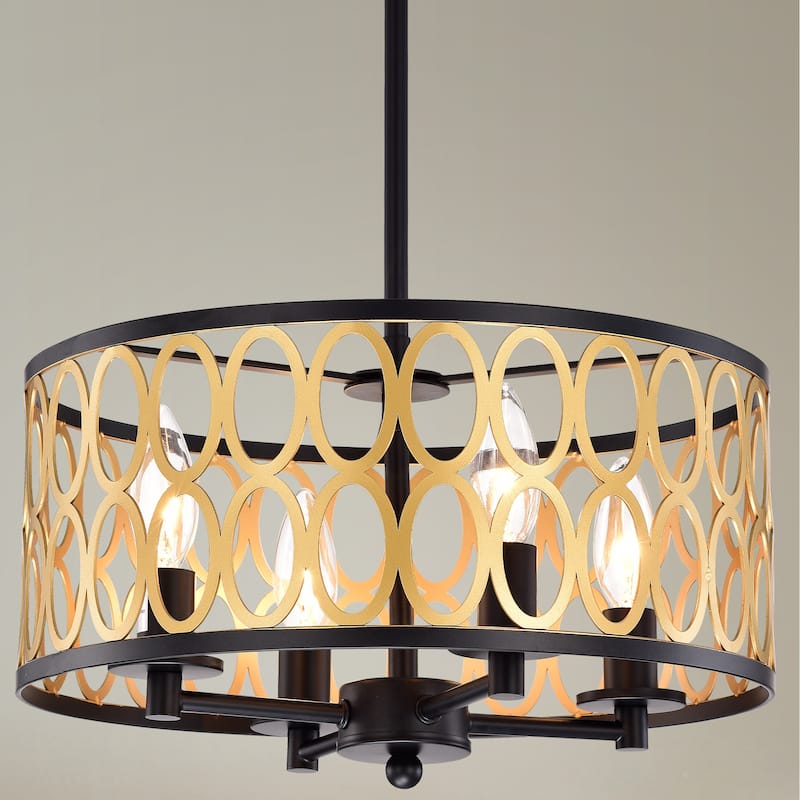 Shivana Matte Black+Gold Geometric Iron Frame 4-Light Drum Chandelier