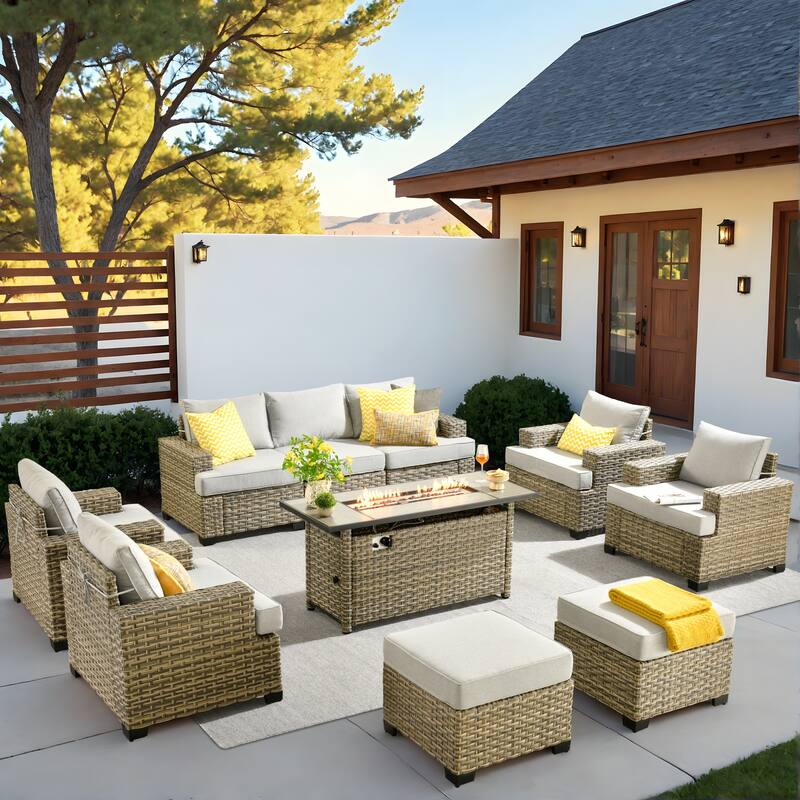 HOOOWOOO 10-piece Outdoor Wicker Wide Arm Patio Furniture Set with Fire Pit - Grey