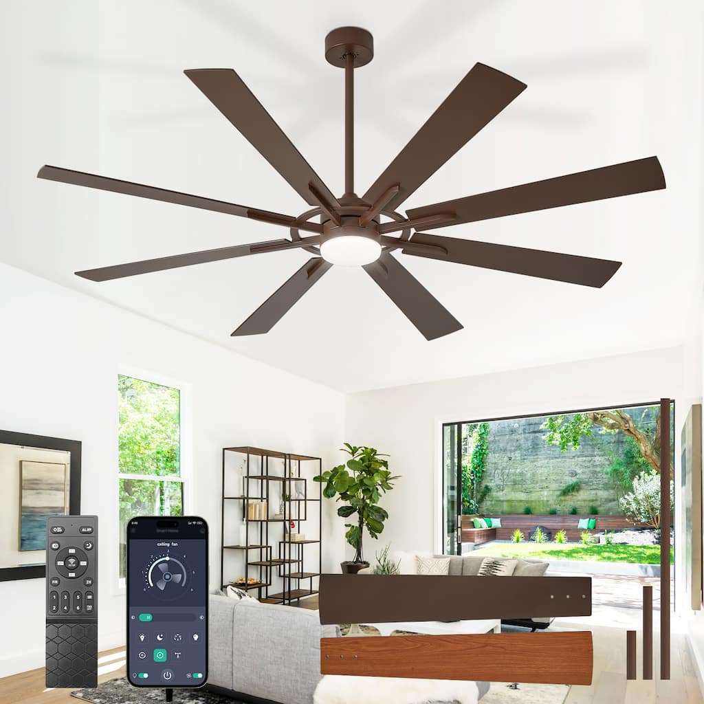 Modern 72 Inch 8 Blade Outdoor large Ceiling Fans with Lights: Dimmable Indoor Reversible 6 Speed Quiet DC Motor
