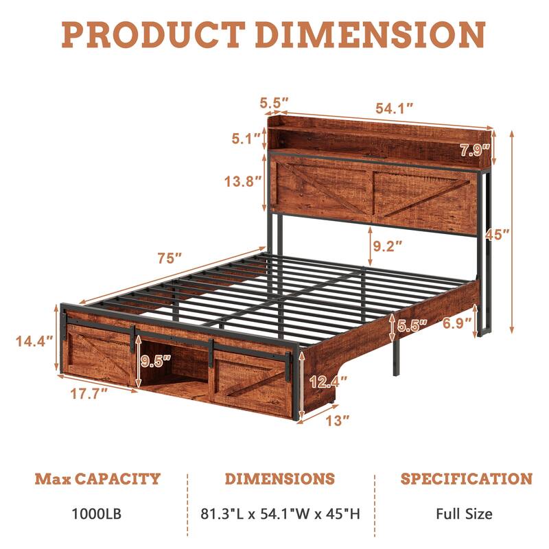 Full-size Bed Frame with Storage Headboard, Footboard Storage Compartments and LED Lighting, Equipped with Anti-slip