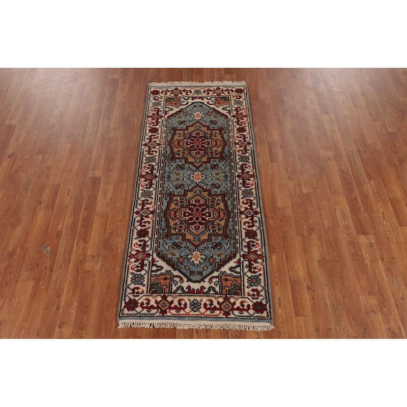 Light Blue Heriz Serapi Indian Foyer Rug Hand-Knotted Wool Carpet - 2'6"x 6'0"