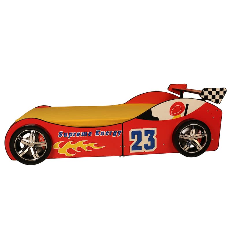 Kids Racing Car Floor Bed with LED Light and Safety Guardrails