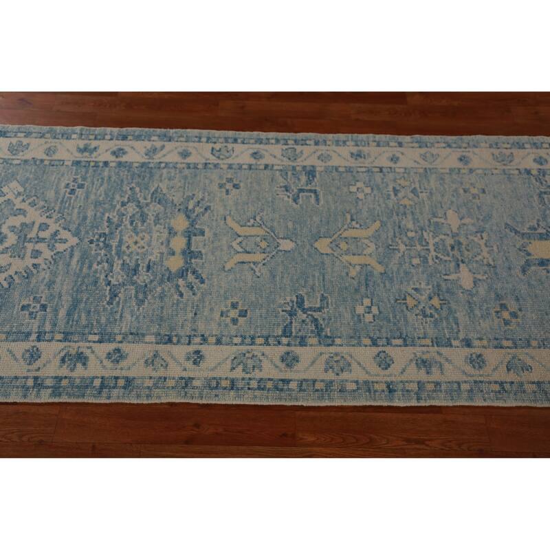 Hand Knotted Oriental 100% Wool Carpet Transitional Geometric Navy Blue & Blues Oushak Runner Rug - 14' 3'' X 2' 11''