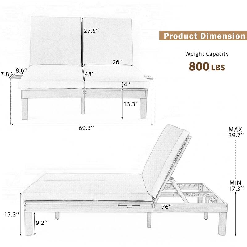 Elegant 5-Position Adjustable Double Chaise Lounge with Side Table by Leisure Zone