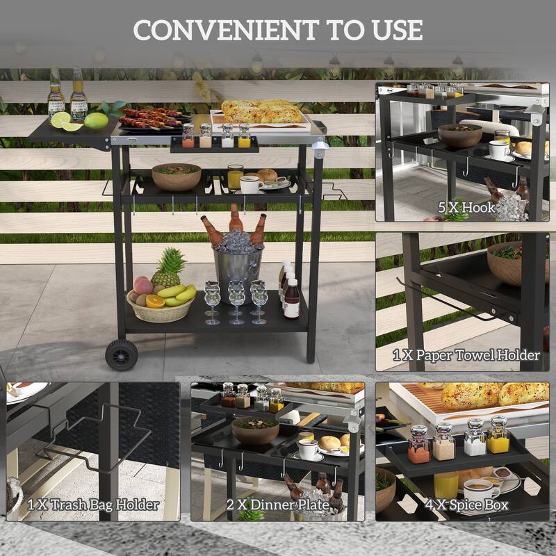 Outsunny Outdoor Bar cart with Stainless Steel Tabletop, Kitchen Island with Wheels, 2 Tiers & Seasoning Shelf