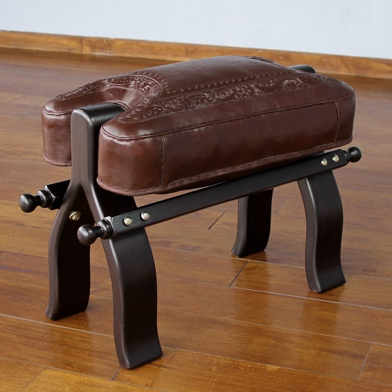 Handmade Mohena Wood Leather Colonial Wreath Stool (Peru)