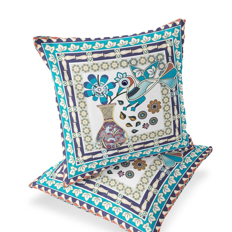 HomeRoots Set of Two 16" X 16" Blue and Purple Peacock Blown Seam Floral Indoor Outdoor Throw Pillow - 16.00' X '16.00' X '5.00