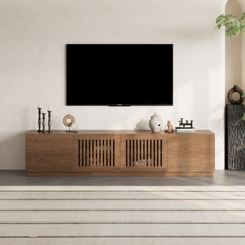 78" Mid Century Modern TV Stands, Brown Wood Texture, Wood Midea Console with 4 Cabinets - Brown