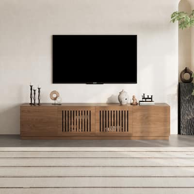 78" Mid Century Modern TV Stands, Brown Wood Texture, Wood Midea Console with 4 Cabinets