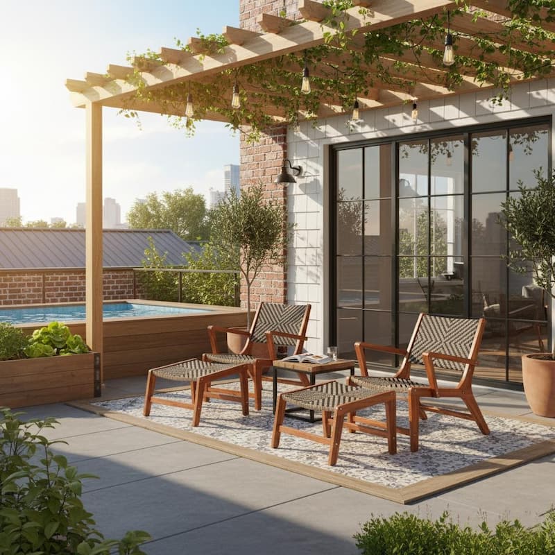 M4H Sevilla Brown Solid Acacia Wood Patio Lounge Chair with Ottoman