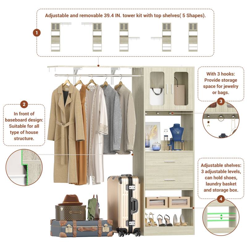 Rackcog Closet System with Doors and Drawers, Storage Organizer with DIY Shelving for Walk-in Closet