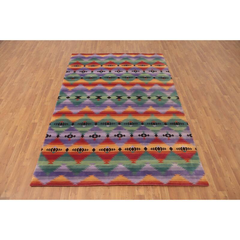 Hand-knotted Tribal Wool Purples Geometric Oriental Area Rug - 9' 0'' X 6' 1''